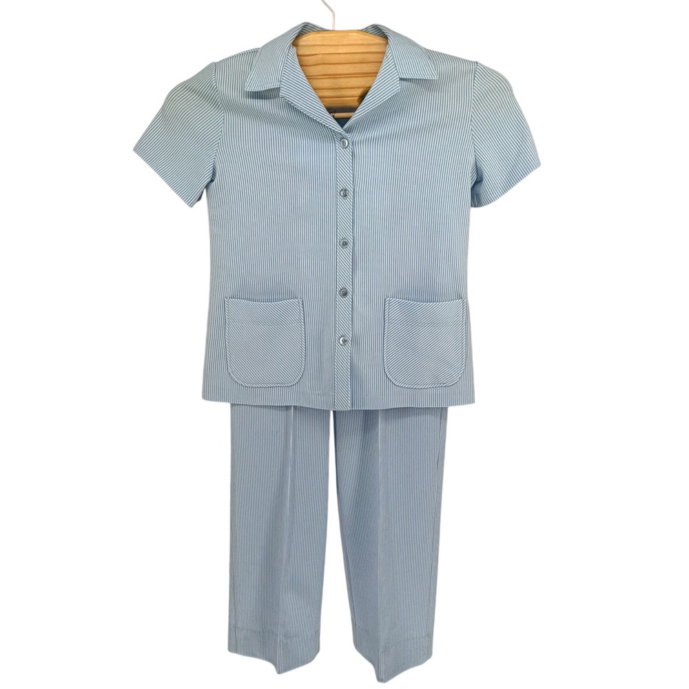 Vintage Bogart of Texas Pant Set L Blue White Pinstripe Short Sleeve Button Up